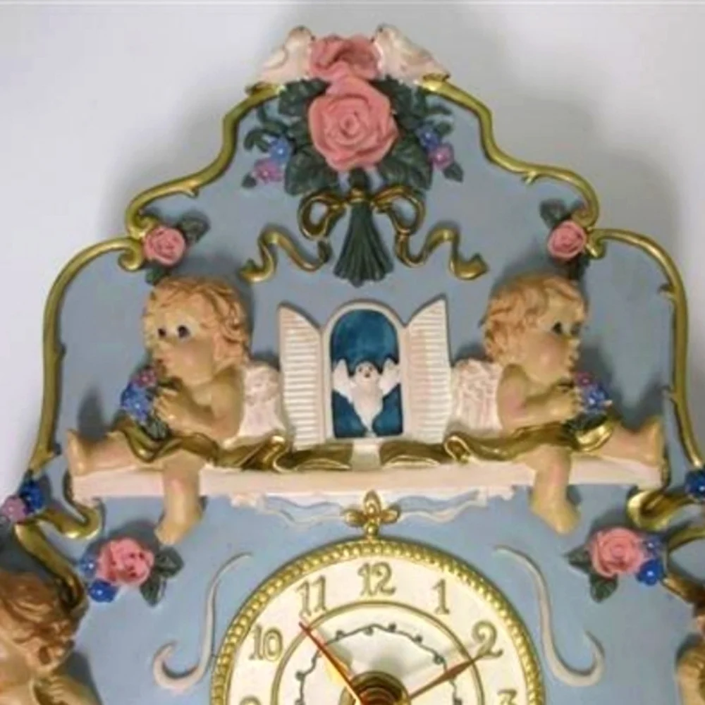 Vintage 3D Cherub Angel Roses Hanging Wall Clock Ceramic Works